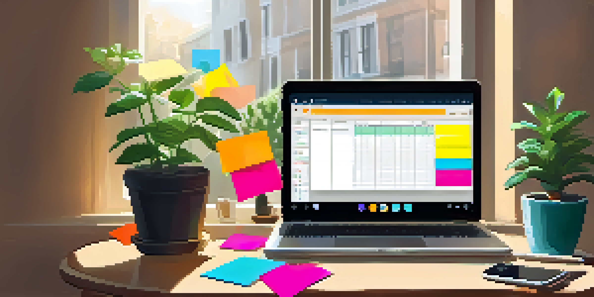 A wooden desk with a laptop displaying a budgeting app, colorful sticky notes, and a potted plant, illuminated by warm sunlight from a window.