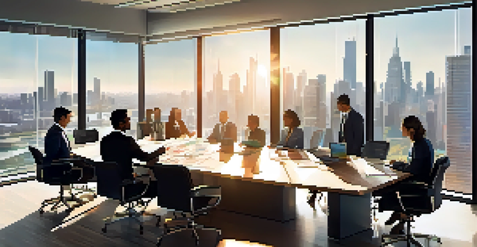 A diverse group of employees discussing stock options in a bright office with a city skyline view.