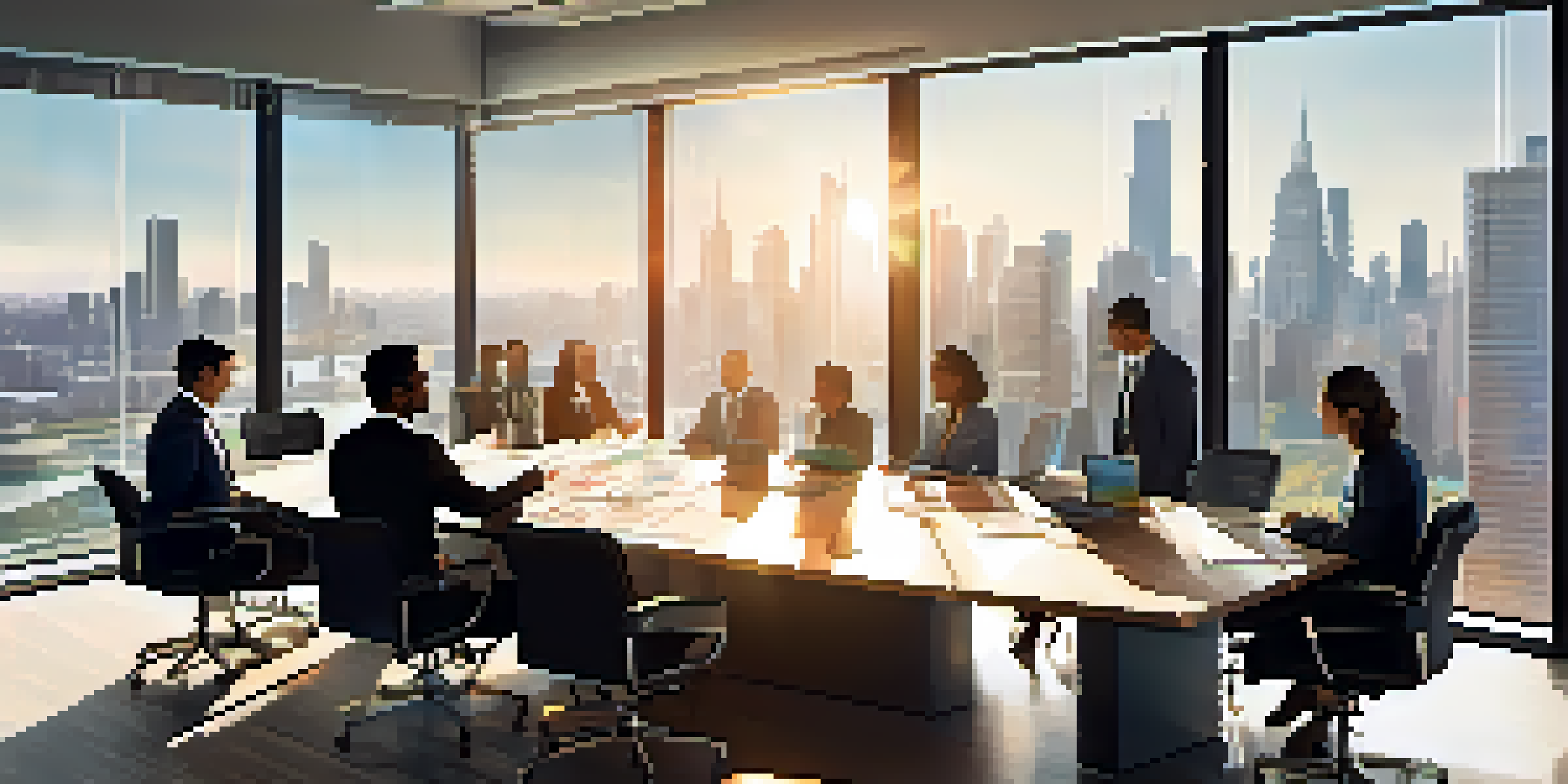 A diverse group of employees discussing stock options in a bright office with a city skyline view.