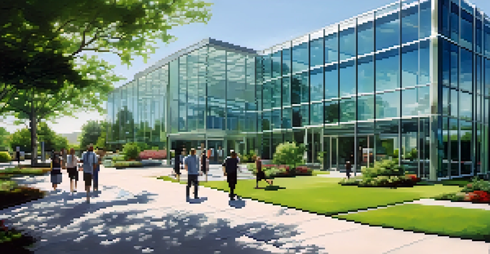 A contemporary office building with a glass facade and green landscaping, under a blue sky, with people entering and exiting.