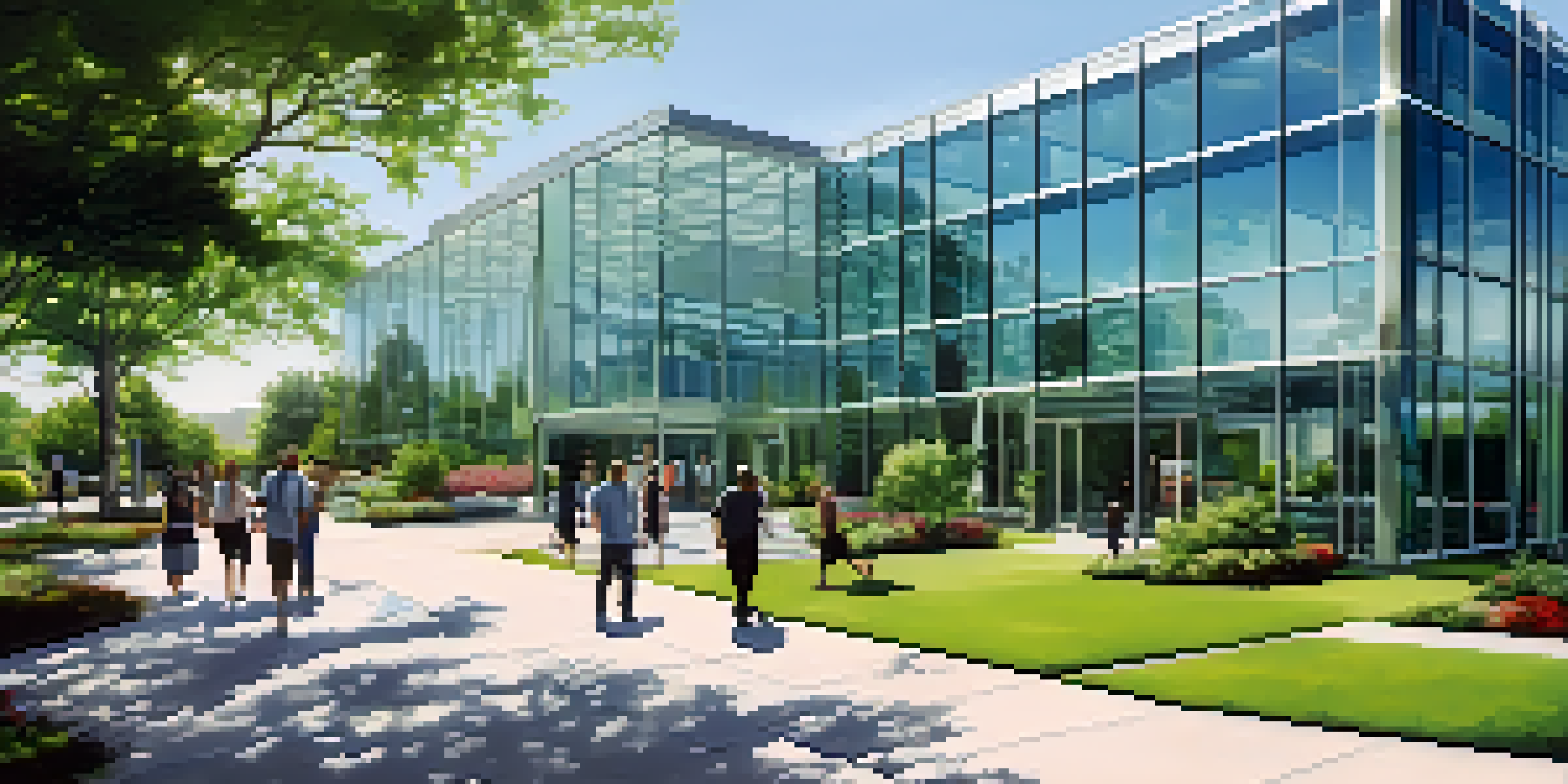 A contemporary office building with a glass facade and green landscaping, under a blue sky, with people entering and exiting.