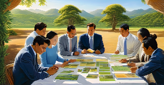 A diverse group of investors in traditional attire discussing investment options at an outdoor table surrounded by nature.