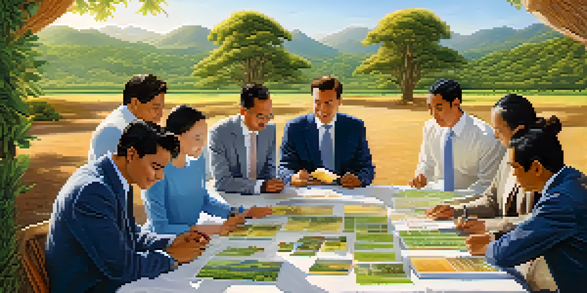 A diverse group of investors in traditional attire discussing investment options at an outdoor table surrounded by nature.