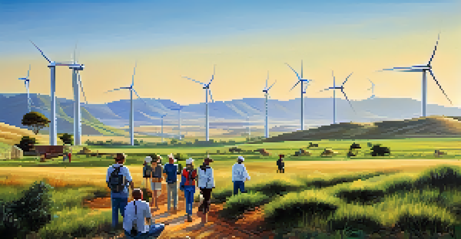 A landscape of wind turbines in South Africa with people engaged in sustainable farming in the foreground.