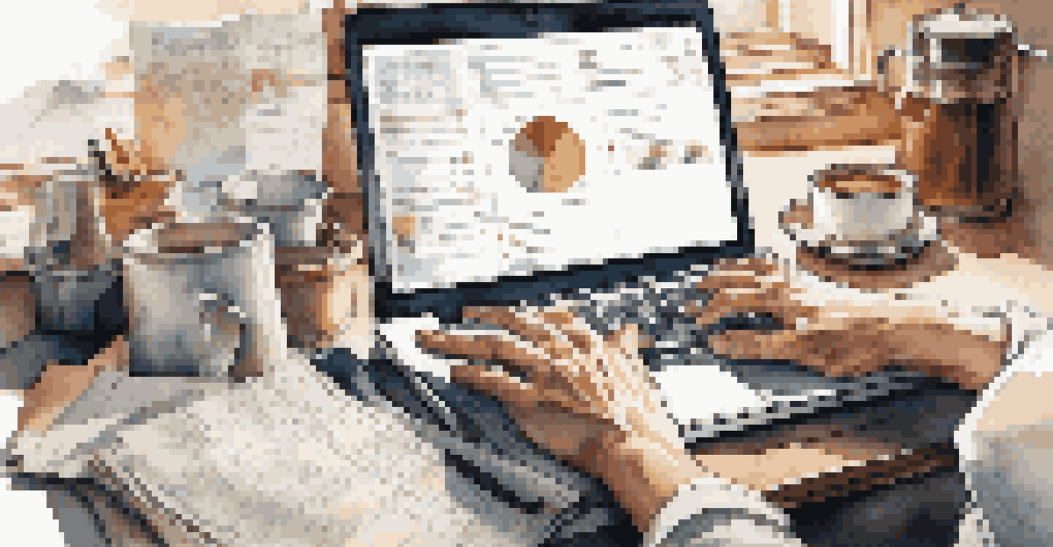 A close-up of hands typing on a laptop amidst financial reports and coffee, in a well-lit workspace.