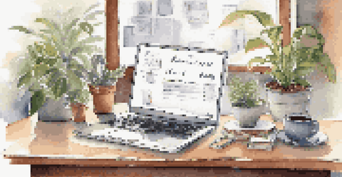 A desk with a laptop, notepad, potted plant, and coffee mug, illuminated by natural light.