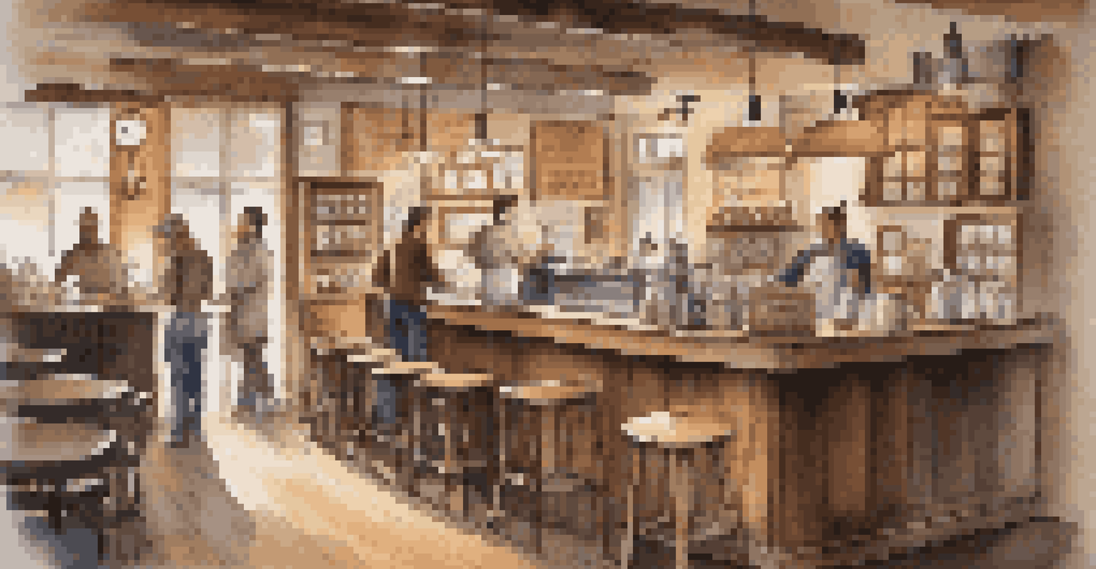 A charming coffee shop with wooden furniture, a barista at work, and customers enjoying their drinks.