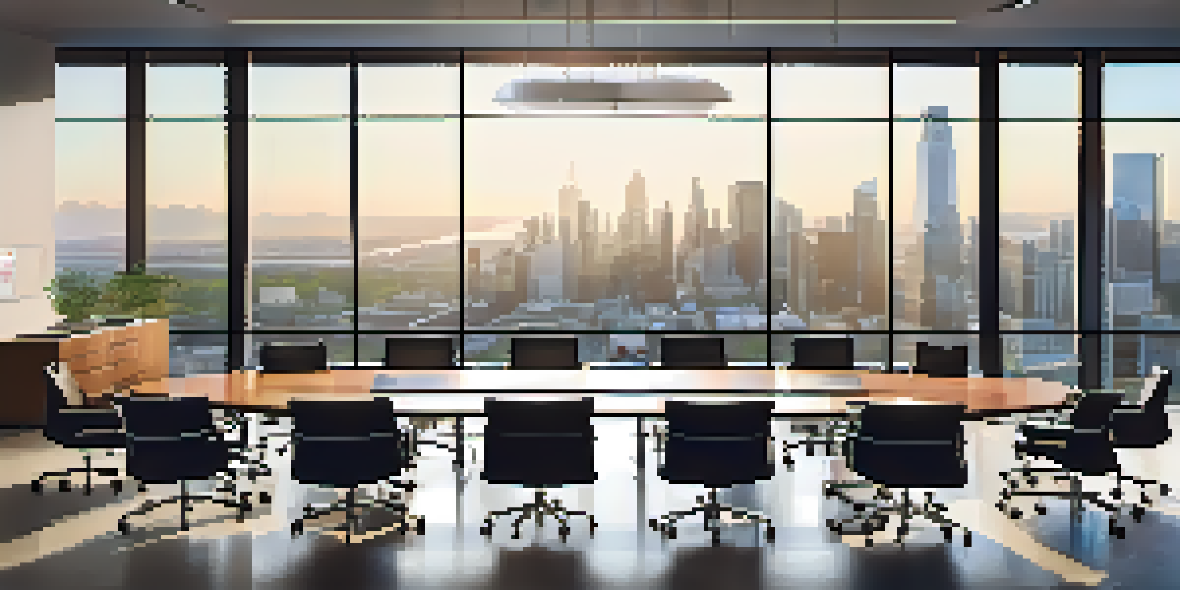 A modern office meeting room with a conference table and diverse professionals discussing business strategies.