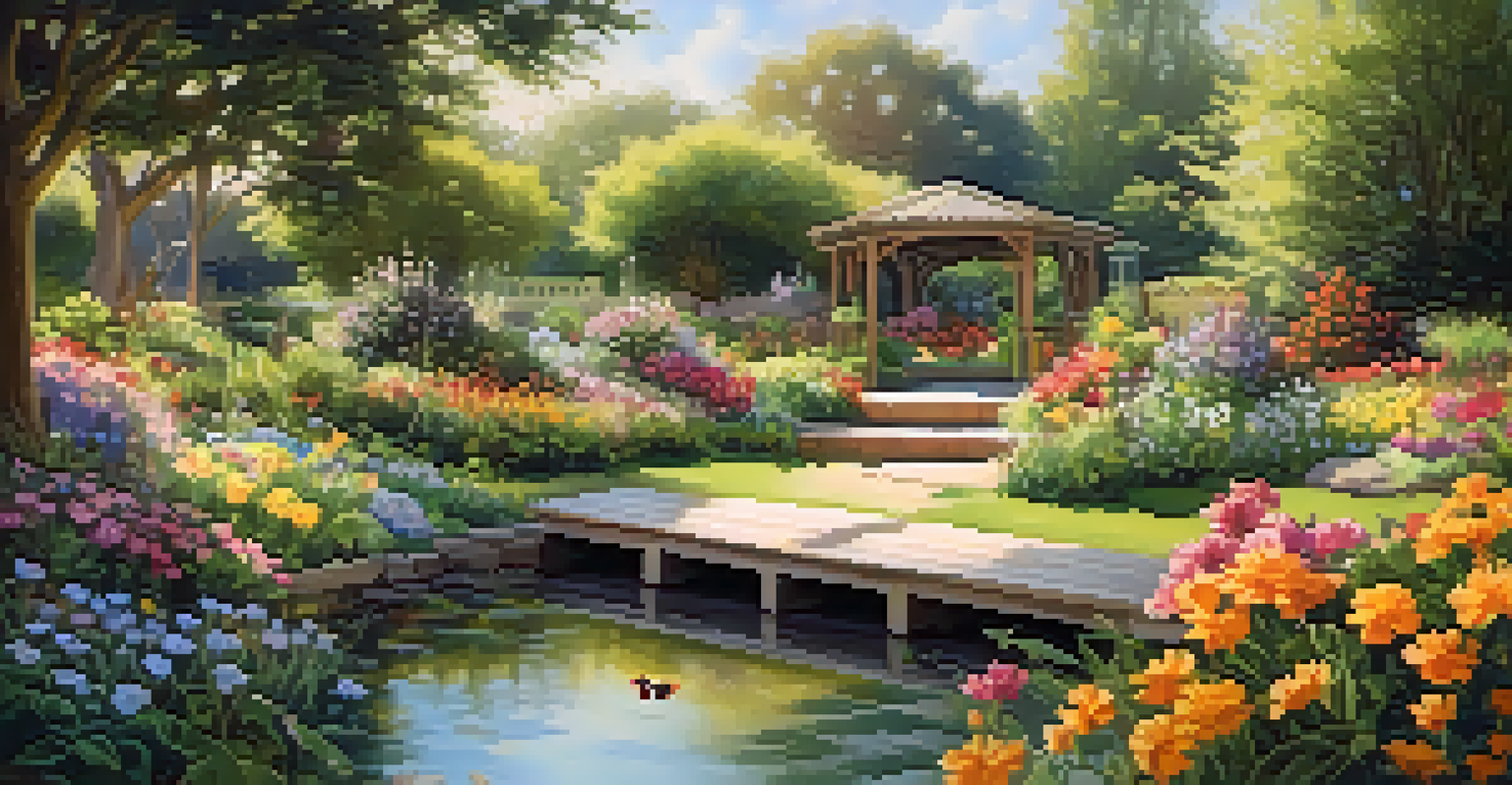 A beautiful garden with colorful flowers, a pond, and a bench, bathed in soft sunlight with butterflies flying around.