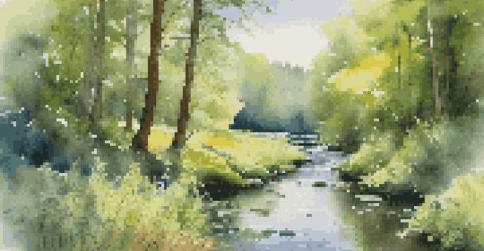 A peaceful forest scene with sunlight shining through the trees, a flowing stream, and colorful wildflowers.