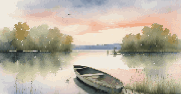 A peaceful lakeside at sunset with a wooden dock and a rowboat, surrounded by lush trees and colorful clouds.