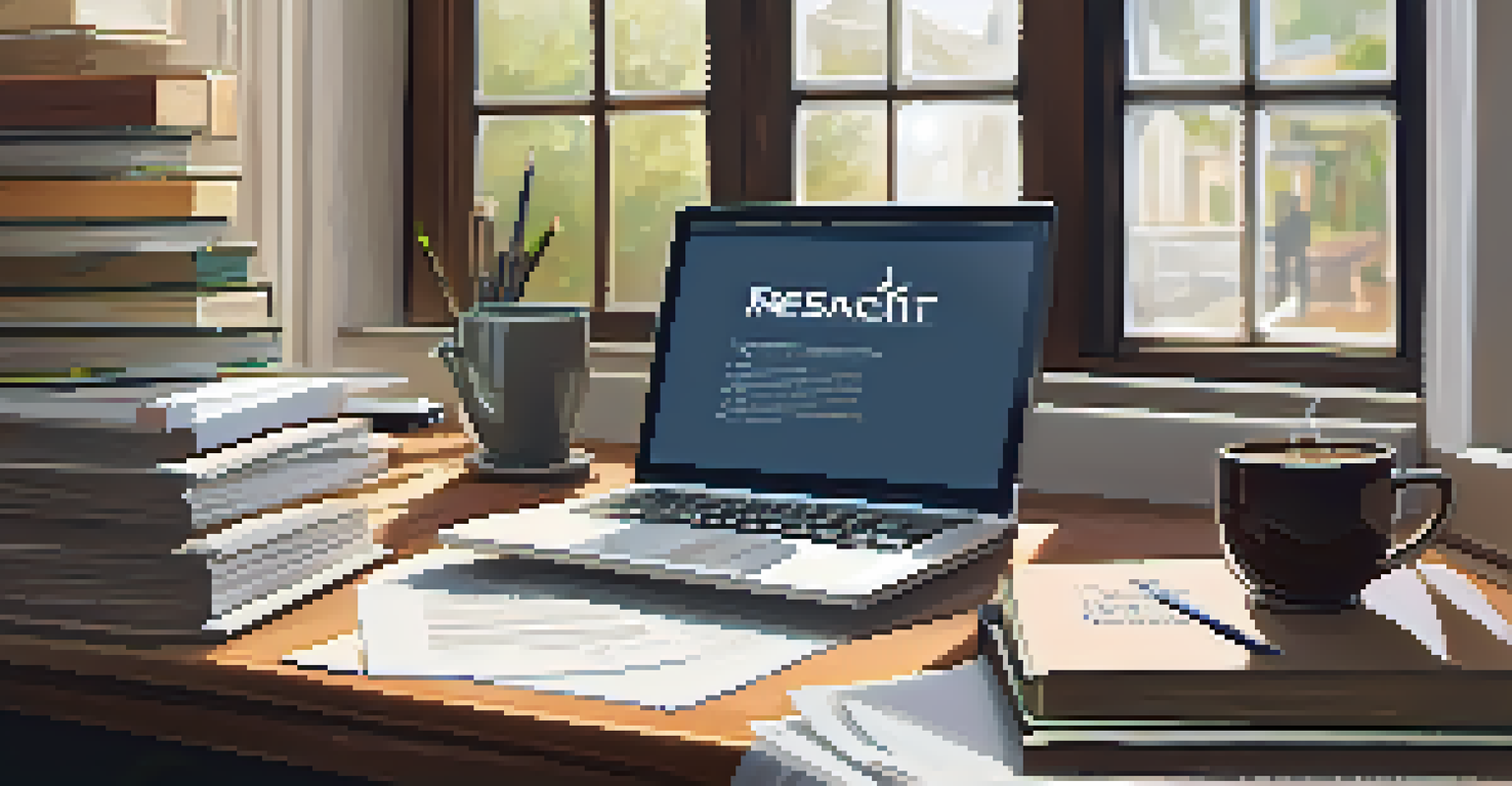 A cozy workspace featuring a laptop with financial reports, books on investing, a cup of coffee, and a notepad, highlighting the importance of research in investments.