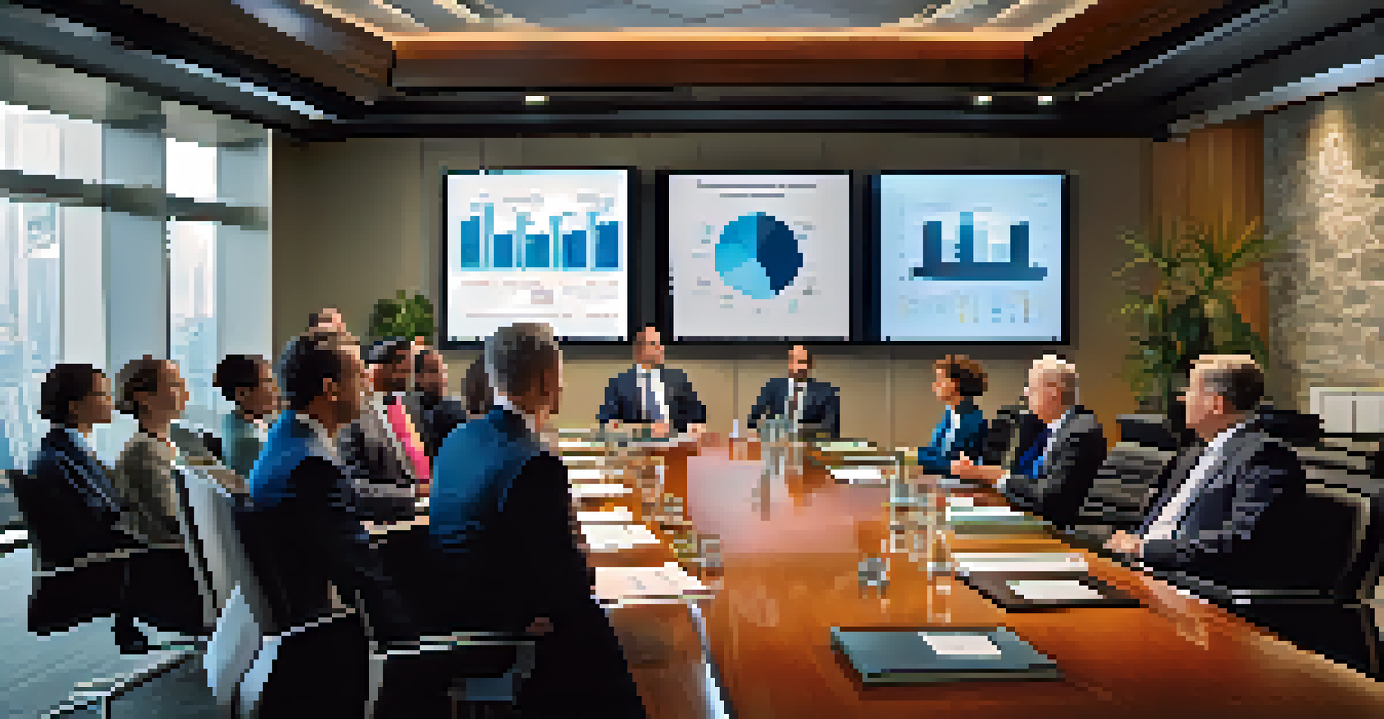 A group of professionals in a boardroom discussing exotic derivatives with documents and screens.