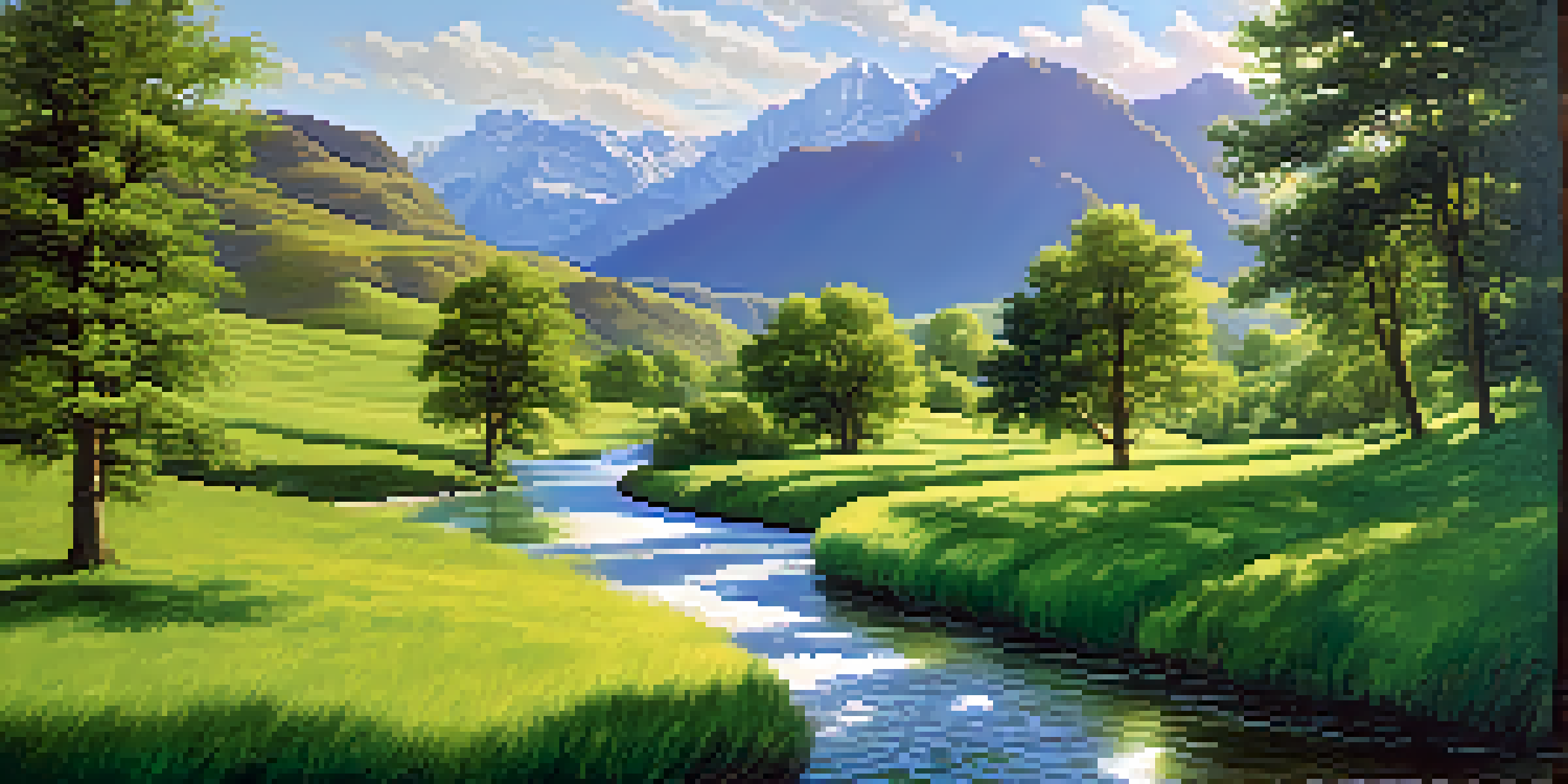 A peaceful river running through a green valley with mountains in the background and a clear blue sky above.