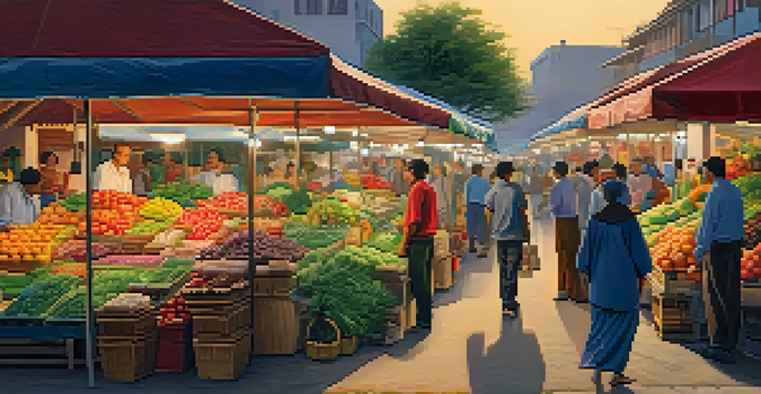 A lively international market scene with diverse stalls, colorful produce, and people interacting under warm evening sunlight.