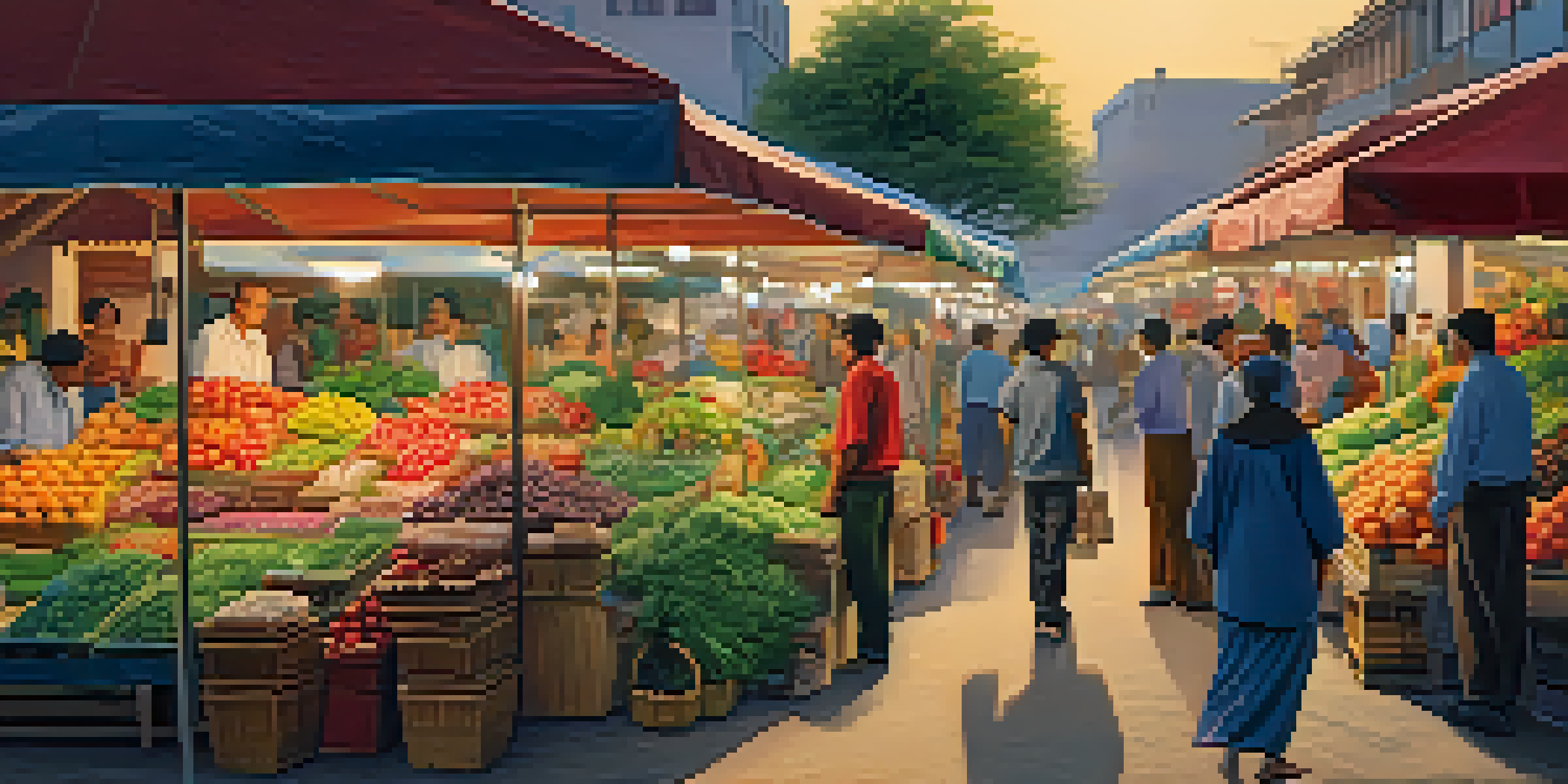 A lively international market scene with diverse stalls, colorful produce, and people interacting under warm evening sunlight.