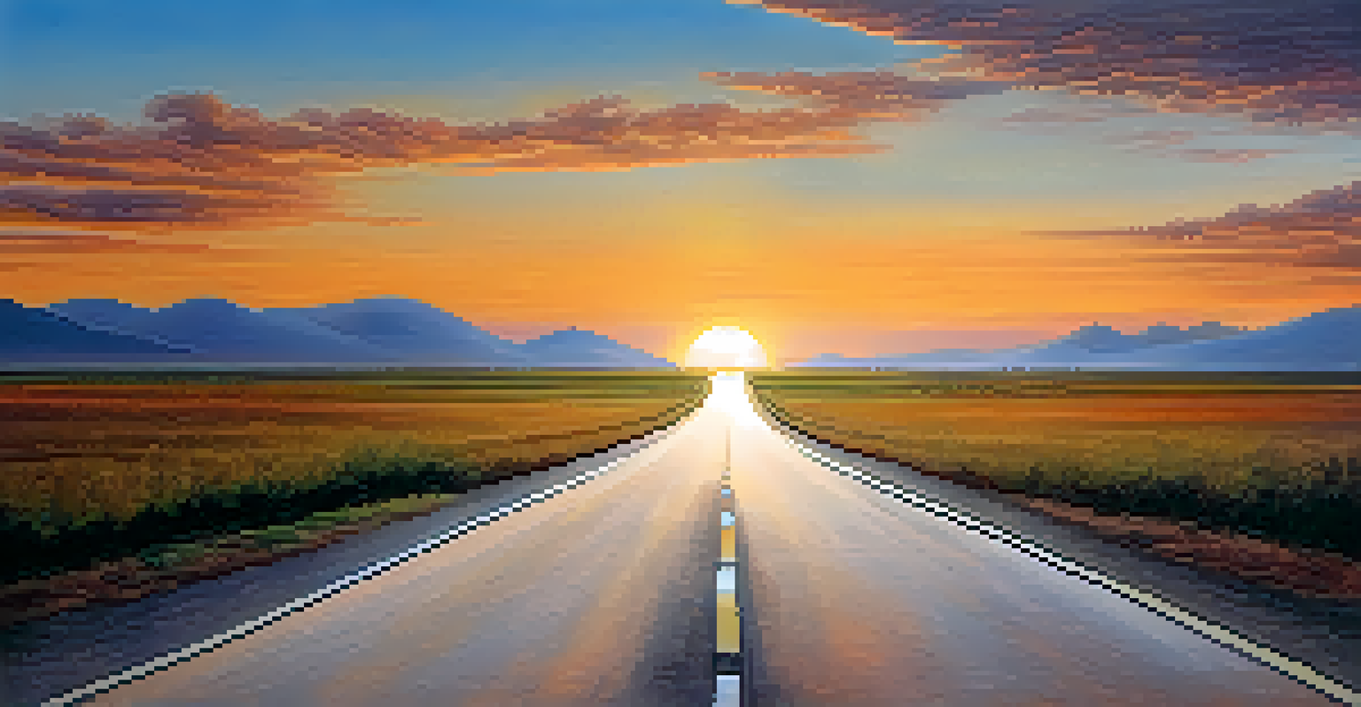 A scenic view of a road leading to a bright horizon with signs for good credit and investment opportunities.