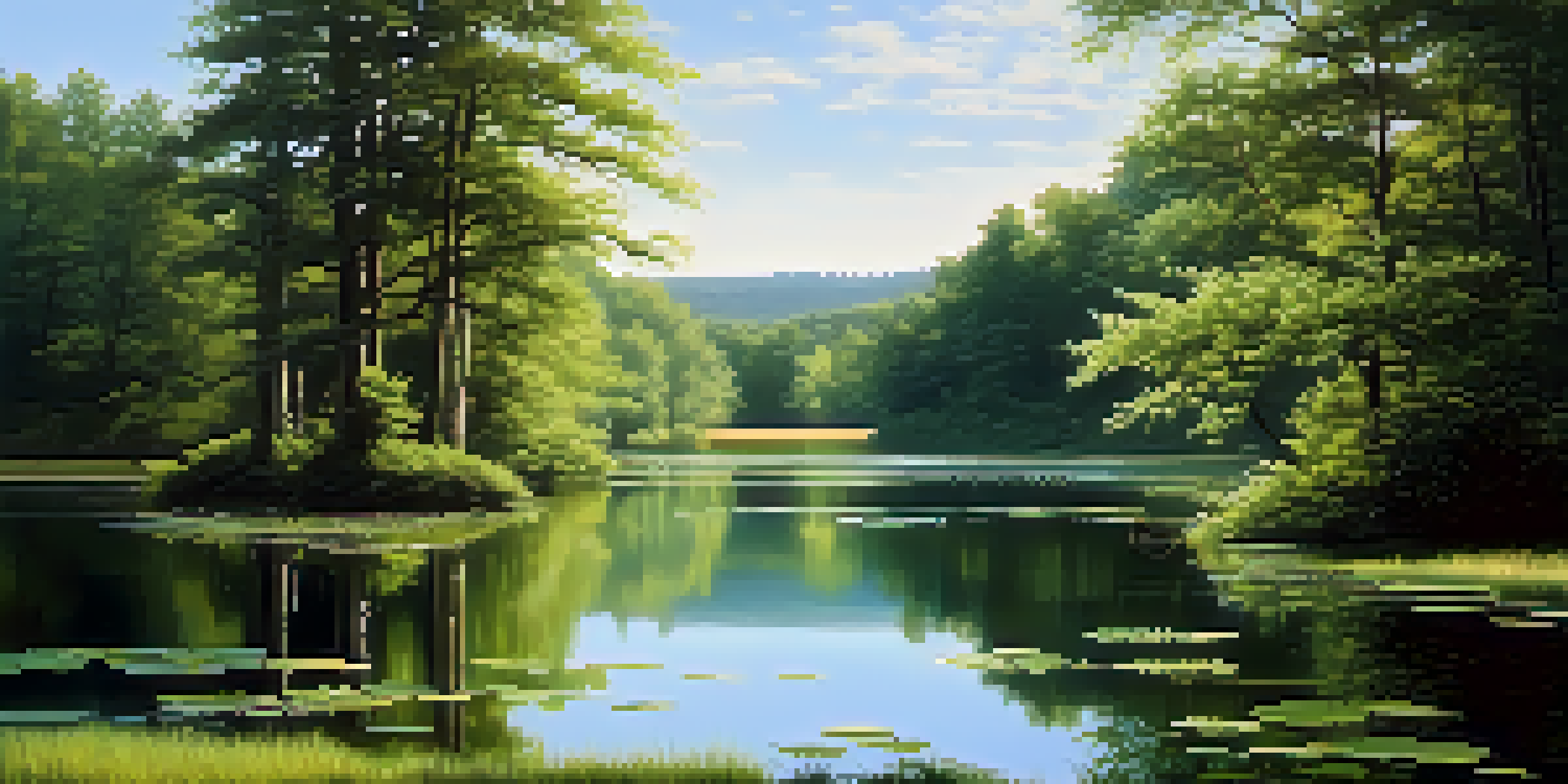 A peaceful lake reflecting trees and a blue sky, surrounded by green forests in soft morning light.