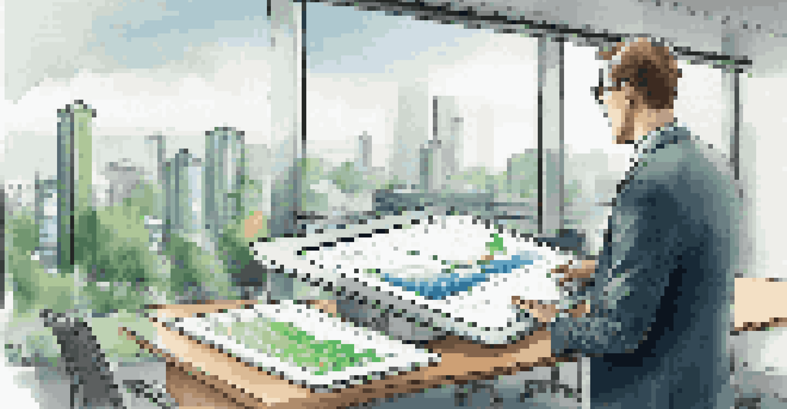 An investor in a contemporary office looking at a tablet showing electric vehicle market trends, with a cityscape view in the background.