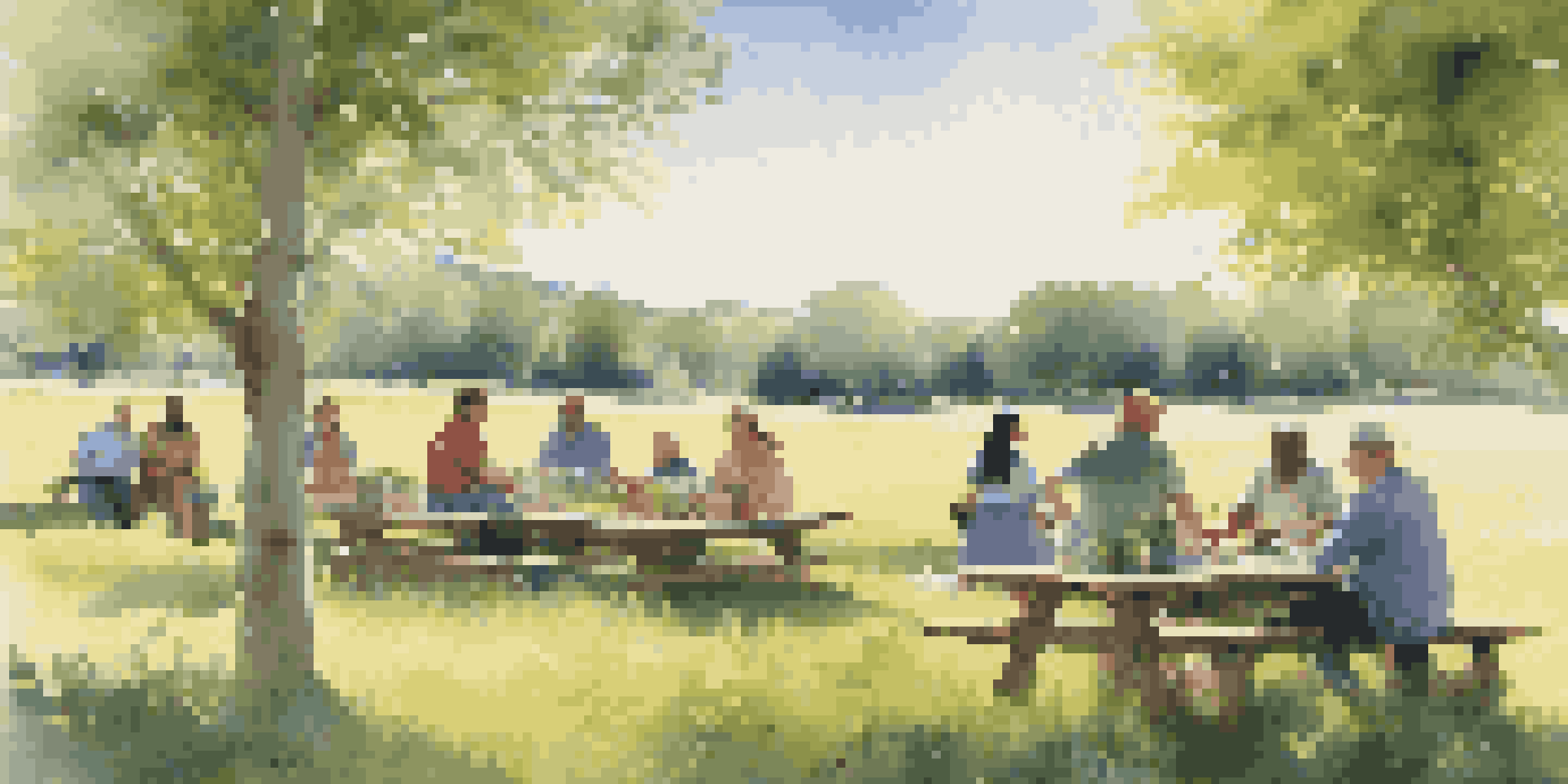 A diverse group of people discussing sustainable investment strategies around a picnic table in a vibrant green field filled with wildflowers.