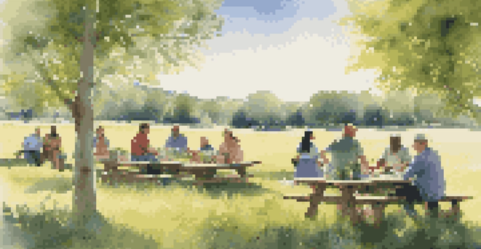 A diverse group of people discussing sustainable investment strategies around a picnic table in a vibrant green field filled with wildflowers.