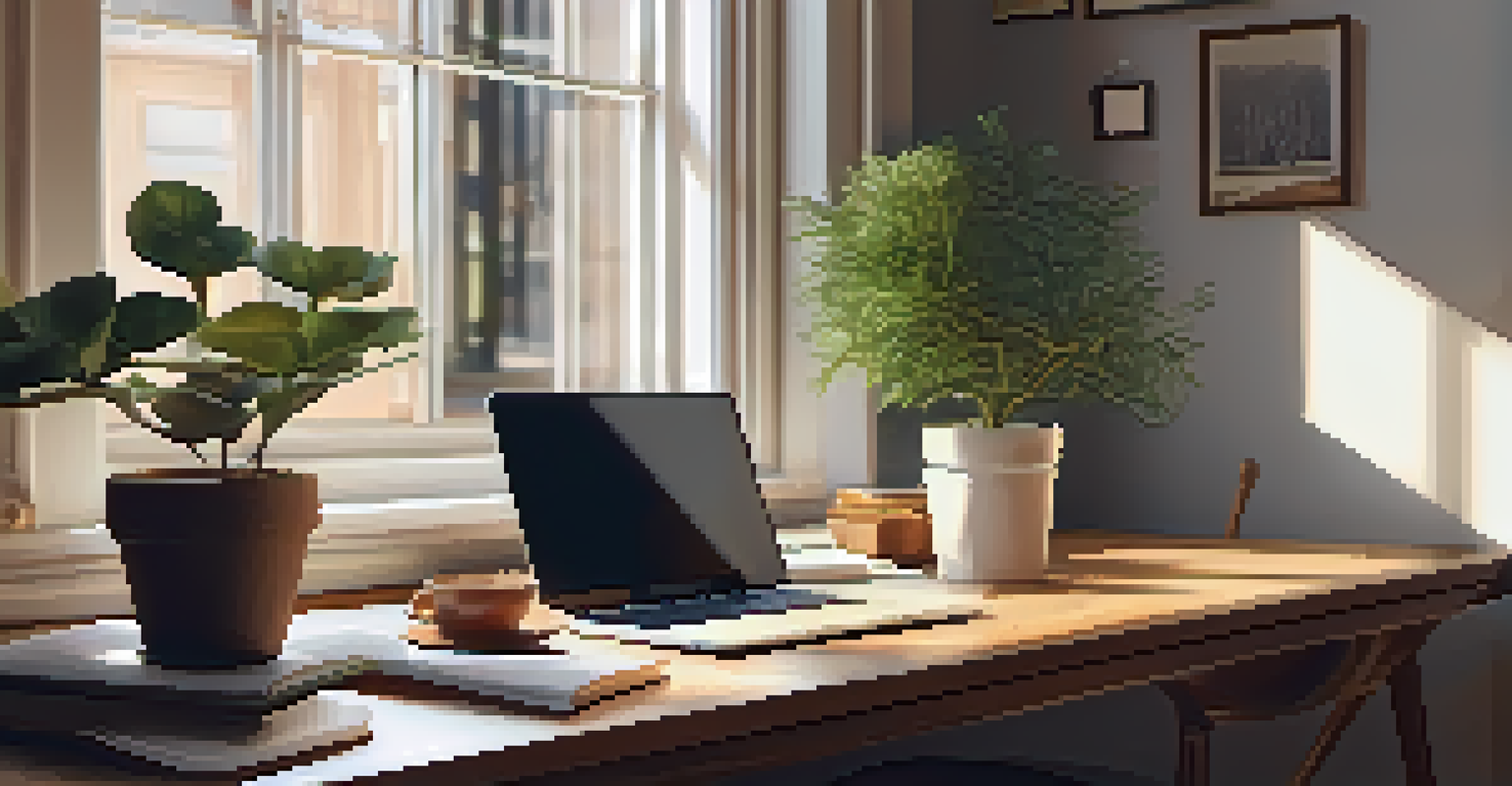A stylish workspace featuring a wooden desk, laptop, and a potted plant in natural light.
