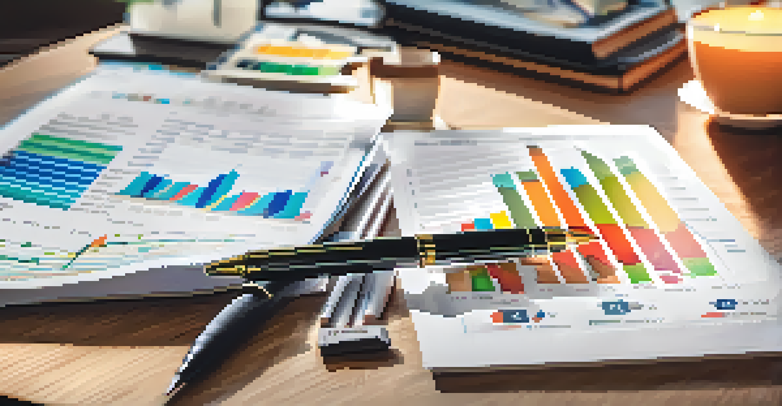 A close-up of a financial report displaying colorful graphs and charts on a wooden table, with a pen and glasses beside it.
