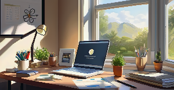 A bright and inviting home office with a desk, laptop, and coffee, surrounded by financial planning tools and a view of a garden.
