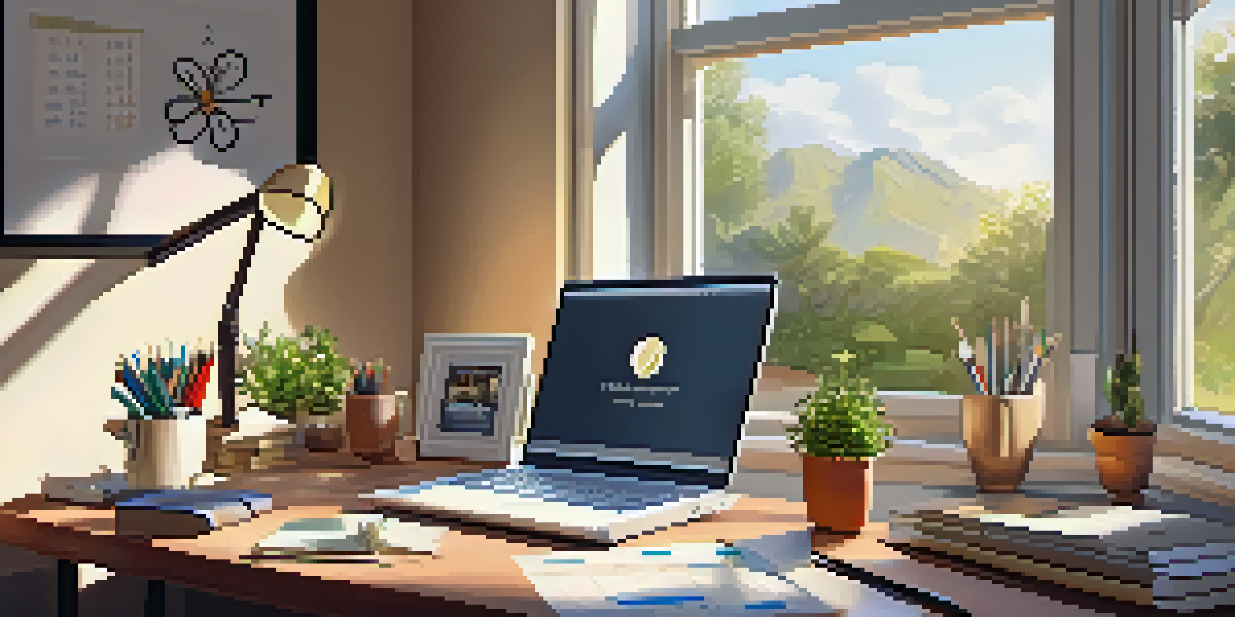 A bright and inviting home office with a desk, laptop, and coffee, surrounded by financial planning tools and a view of a garden.