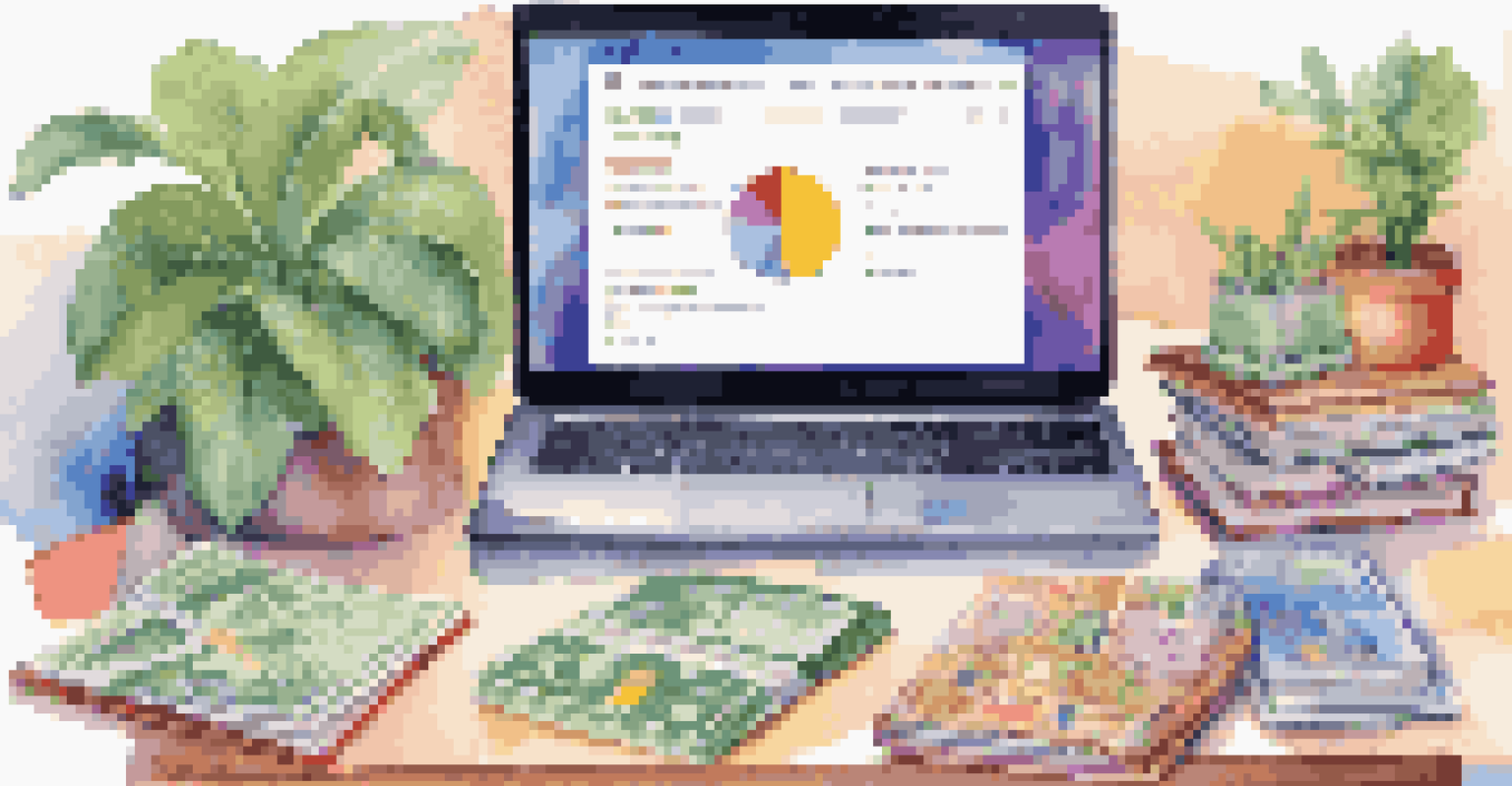 A laptop displaying a financial literacy app with children's books about money management in a bright learning environment.
