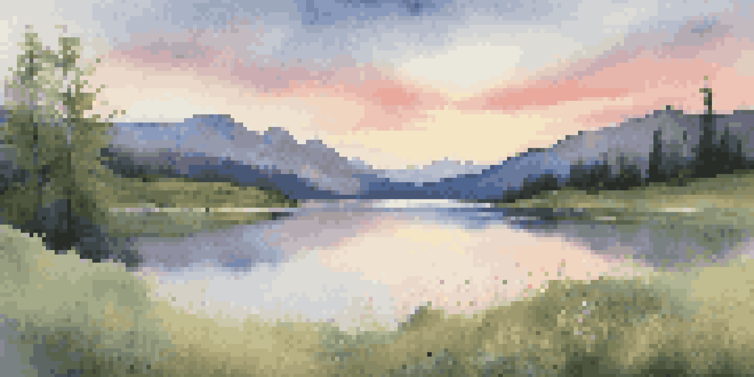 A peaceful lake scene with mountains at sunset, featuring soft colors and wildflowers in the foreground.