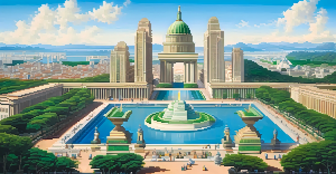 A landscape showing a diverse financial market scene with iconic buildings from various countries and greenery.