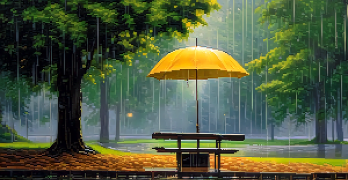 A sturdy umbrella in a rainstorm, surrounded by a lush green park, symbolizing financial resilience.