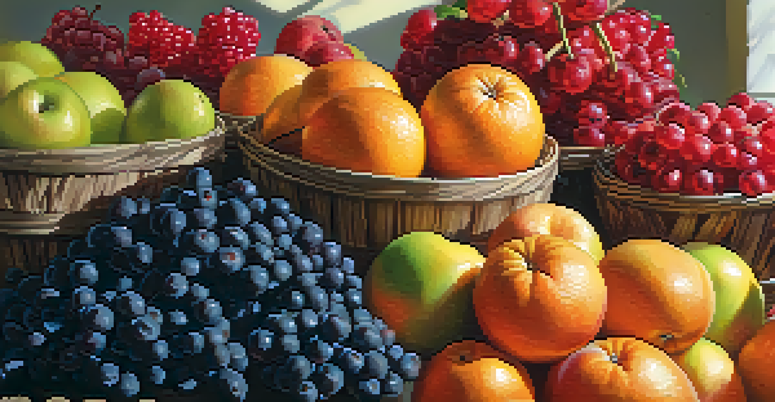 A colorful assortment of fresh fruits in a market, with bright colors and textures illuminated by sunlight.