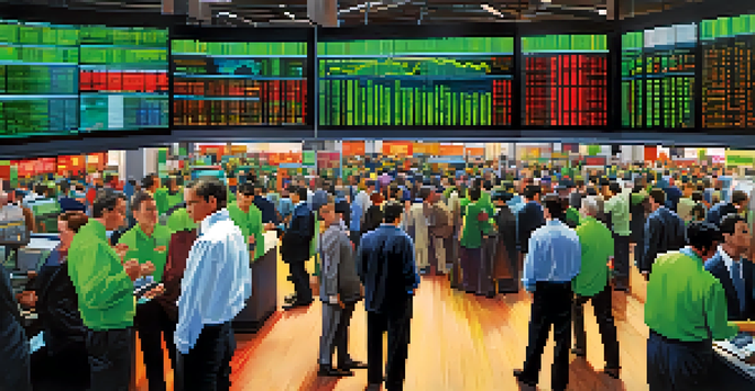 A busy stock market floor with traders discussing and analyzing screens showing economic data.