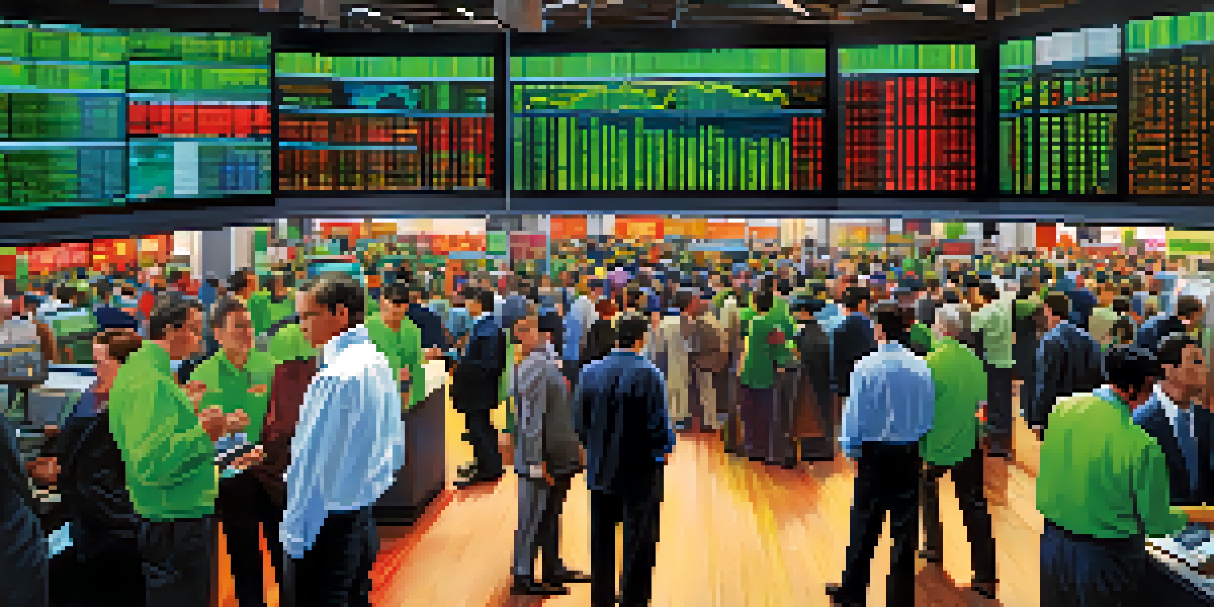 A busy stock market floor with traders discussing and analyzing screens showing economic data.