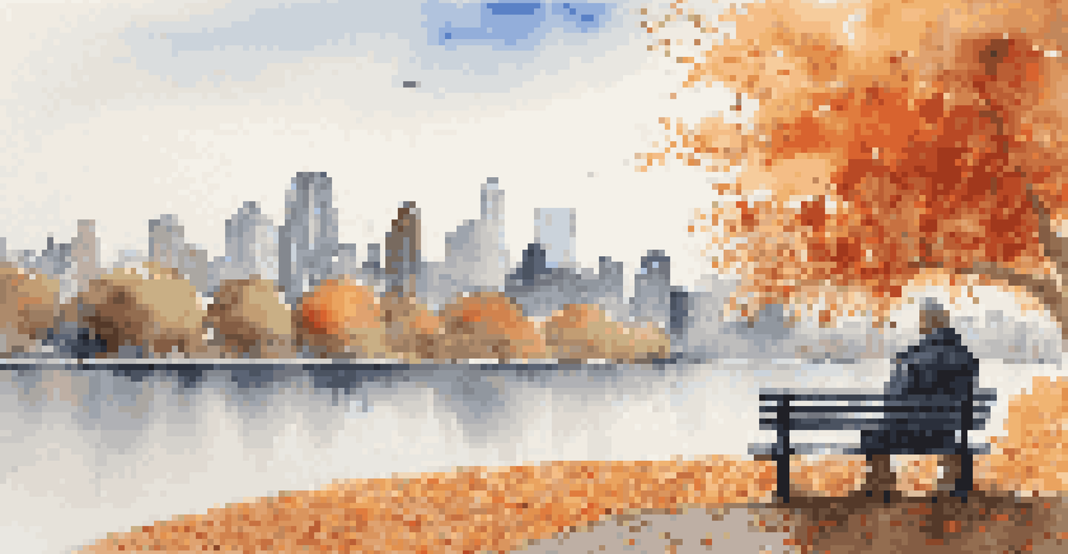 A person on a park bench looking at a city skyline surrounded by colorful autumn leaves, reflecting a moment of contemplation.