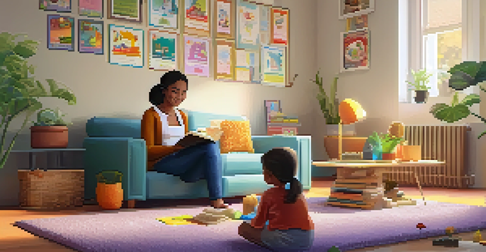 A parent reading a children's book about saving money to their child in a warm and inviting living room.