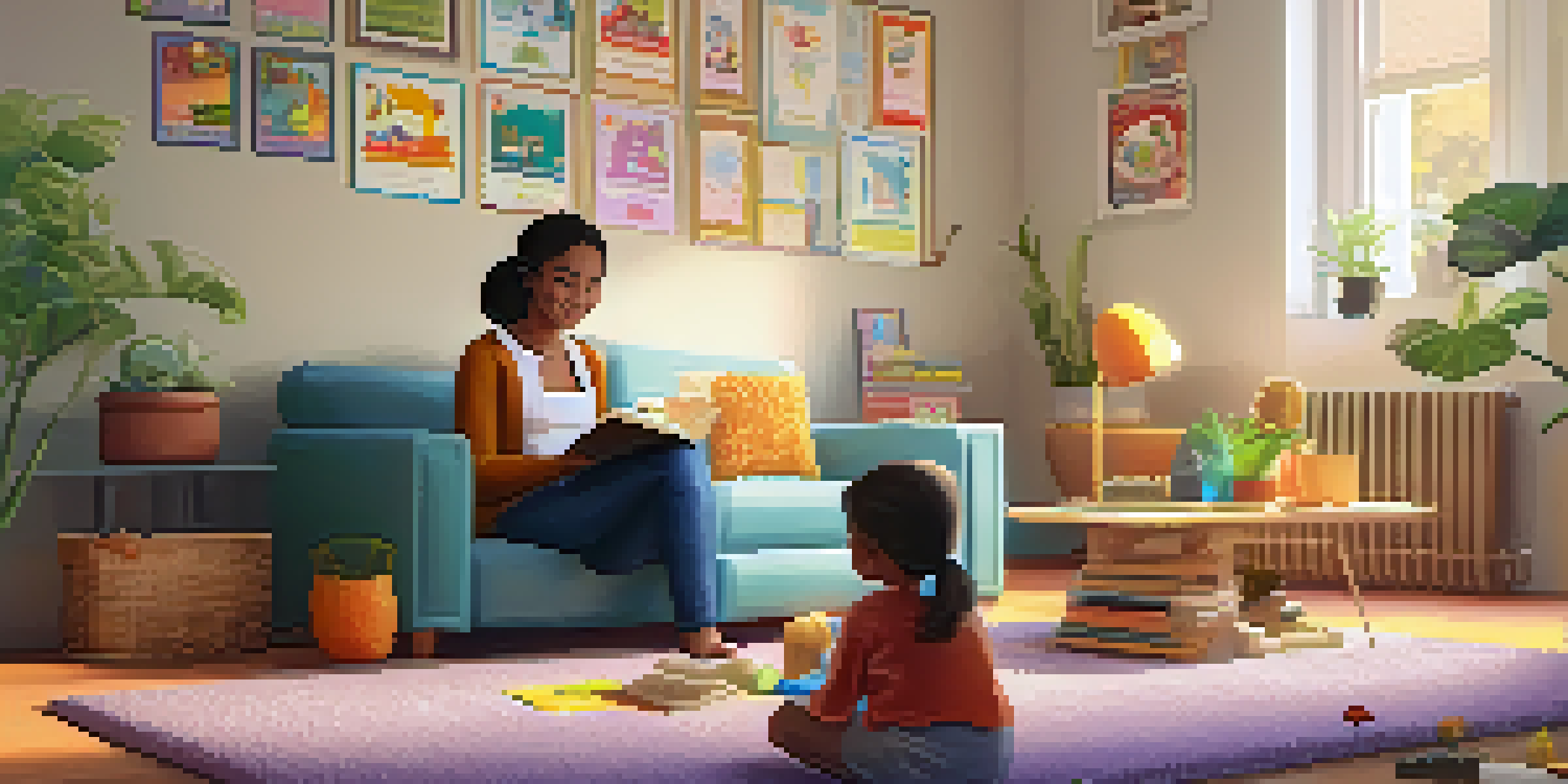 A parent reading a children's book about saving money to their child in a warm and inviting living room.
