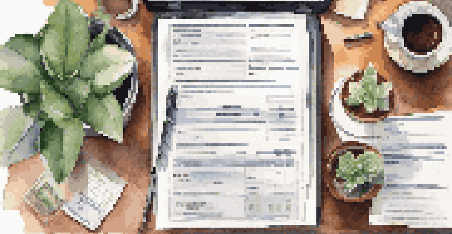 An overhead view of a desk with financial documents, a laptop, and a coffee cup in a well-lit workspace.