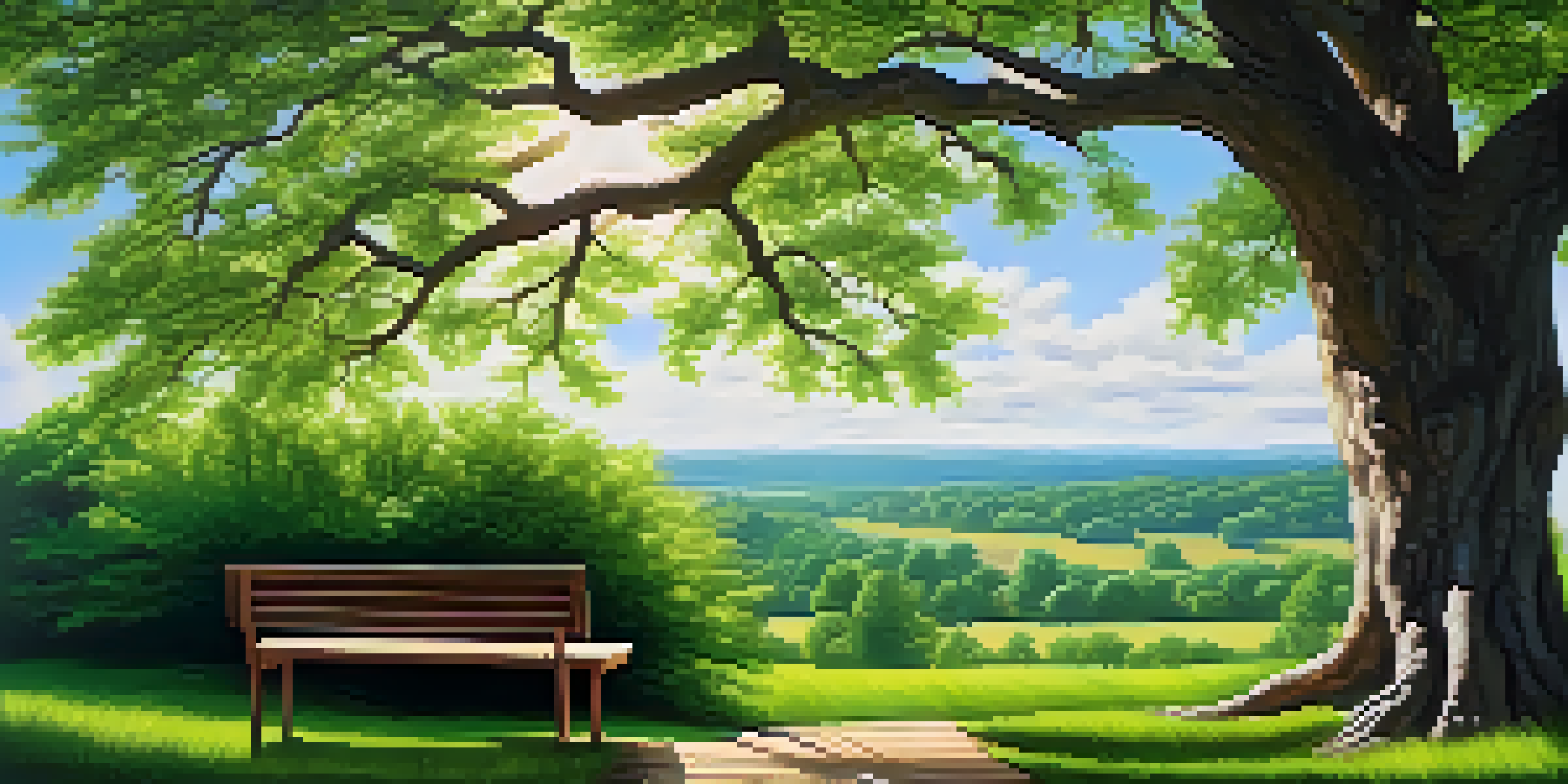 A peaceful landscape with a large tree in a green field under a sunny blue sky, featuring a wooden bench for contemplation.