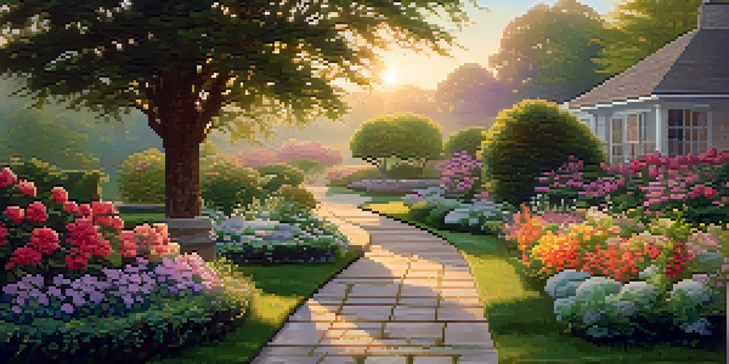A peaceful garden at sunrise, filled with vibrant flowers and soft morning light.