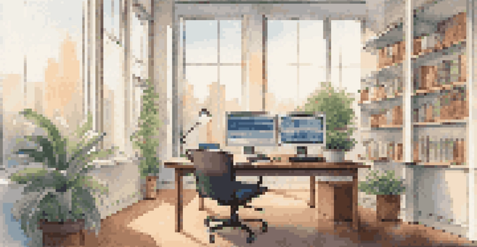 A modern office desk with stock market graphs on a computer and a bookshelf filled with financial books, illuminated by soft natural light.