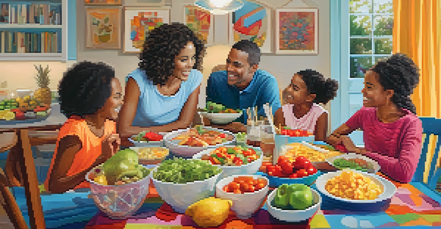 A family around a dining table filled with food, discussing their future savings goals in a bright room.