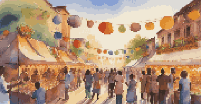 A lively community festival with people of various backgrounds enjoying food, music, and decorations under a beautiful sunset.