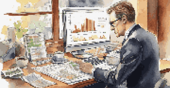 A businessman closely examining financial reports with charts and graphs on his desk, warm lighting, and a cup of coffee nearby.