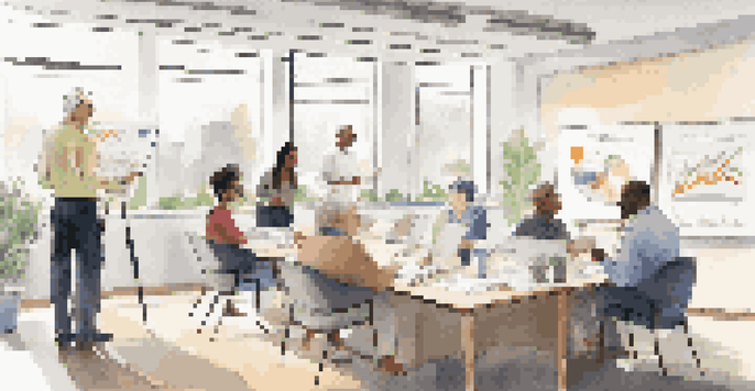 A diverse group of employees in a bright office attending a retirement planning workshop, with charts on a whiteboard.