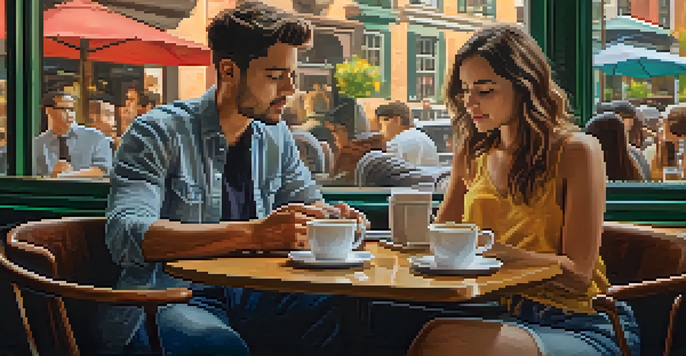 A young couple at a café discussing investments, with financial documents and a laptop on the table, illuminated by soft morning light.