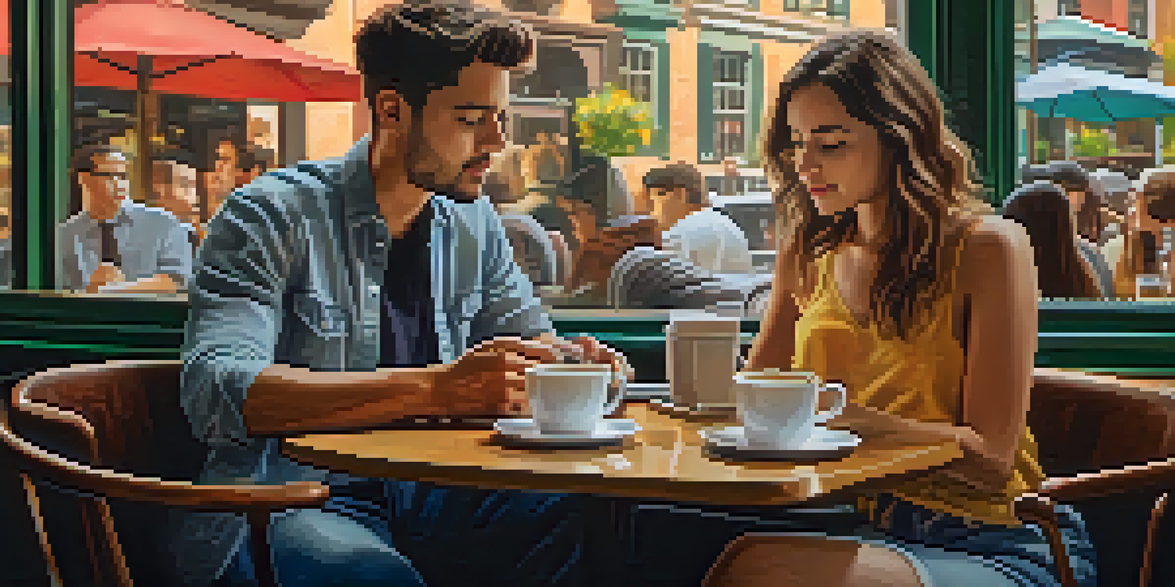 A young couple at a café discussing investments, with financial documents and a laptop on the table, illuminated by soft morning light.