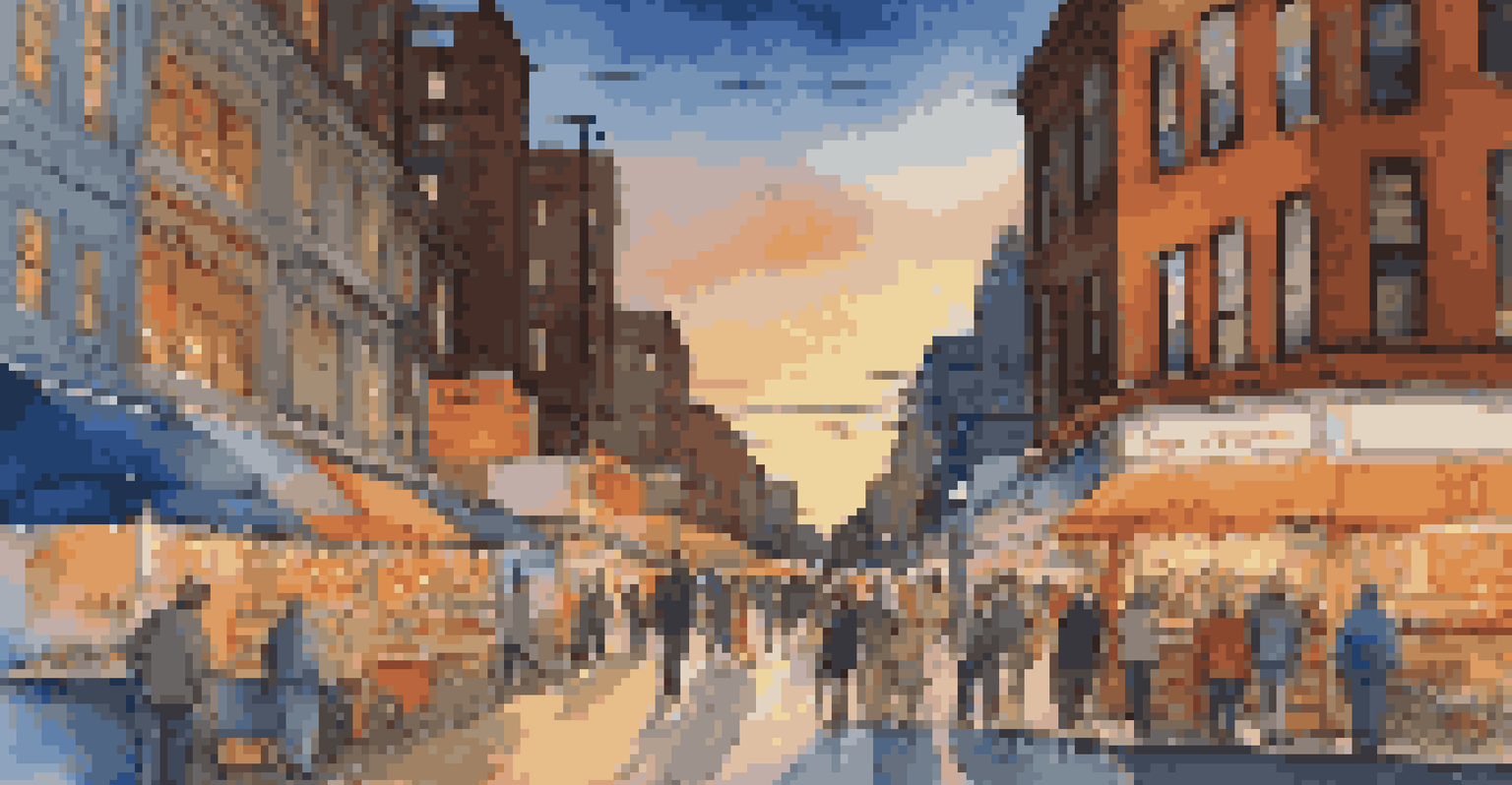 A lively city street at dusk with glowing storefronts and pedestrians, featuring a food cart.